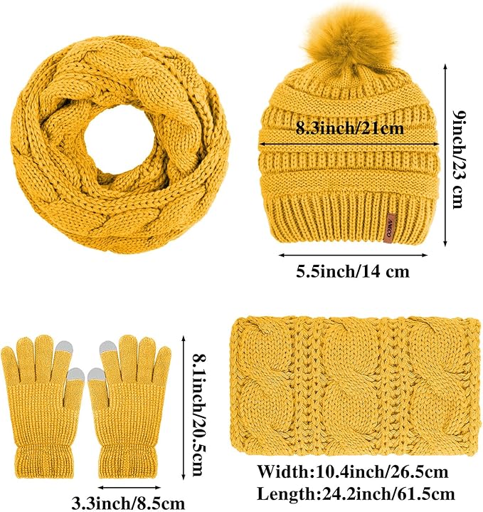 Aneco Womens Winter Warm Sets Knitted Fur Pompoms Beanie Hat Circle Loop Scarf Touch Screen Gloves Winter Favor Accessories