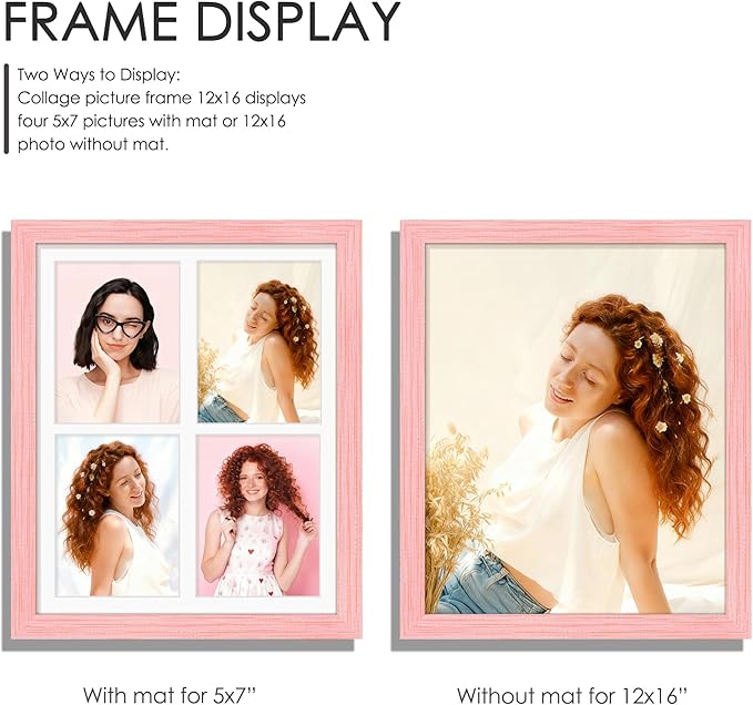 12x16 Picture Frame 5x7 Collage Picture Frame Displays Four 5x7 inch Photos or 12x16 (Without Mat) for Available Horizontal Wall Mounting Display and Vertical Pink