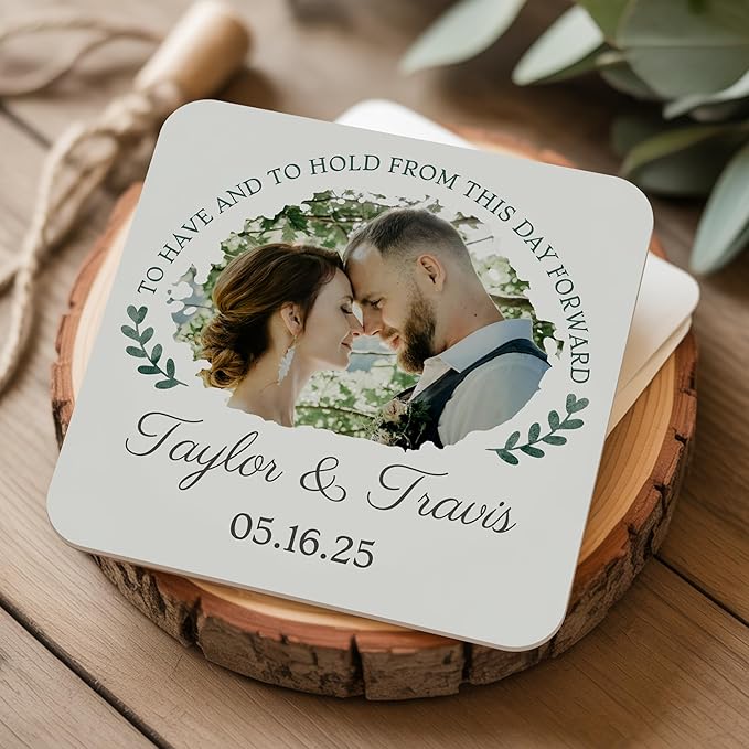 20 Pack Personalized Wedding Coasters, Custom Cardboard Coasters for Drinks with Photo Print and Text, Keepsake Wedding Favors and Gifts for Couples, 4x4 Square, Design 4