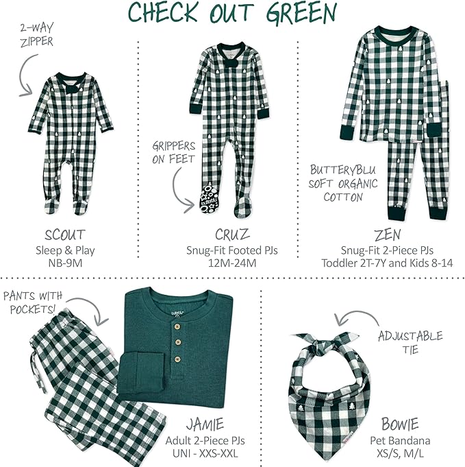 JAMIE Matching Family Jammies Holiday Pajamas 100% Organic Cotton PJs Adults, Kids, Toddlers, Baby, Pets