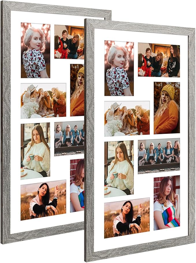 11.8x21.8 Collage frame with 8 Openings 4X6 Pictures, Multiple Picture Frame with Mat, Wall or Tabletop Decor, Grey Wood Grain,2 Pack