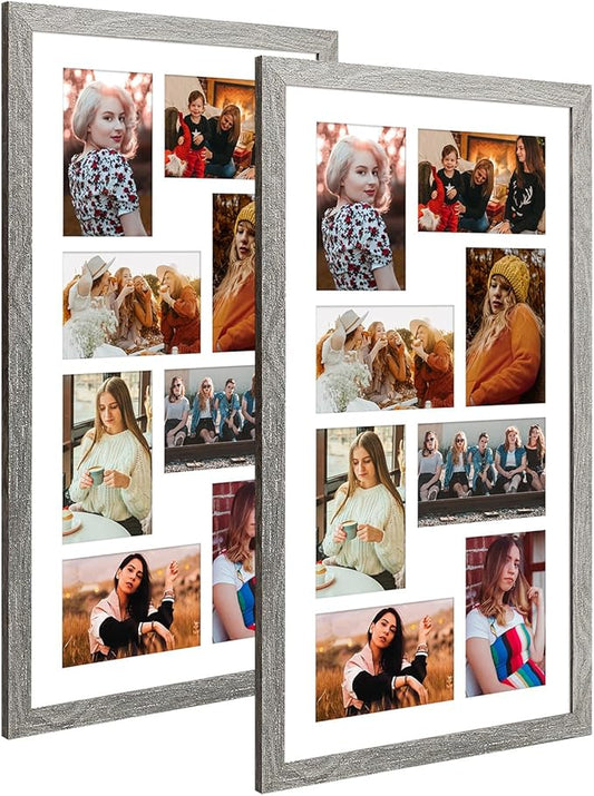 11.8x21.8 Collage frame with 8 Openings 4X6 Pictures, Multiple Picture Frame with Mat, Wall or Tabletop Decor, Grey Wood Grain,2 Pack