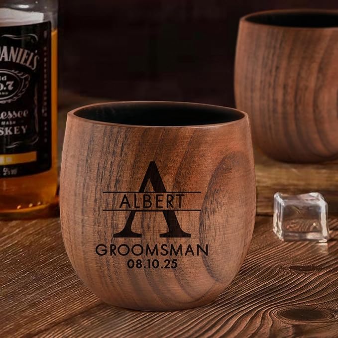 Personalized Whiskey Glasses Custom Wooden Whiskey Glass Groomsmen Gifts Bourbon Drinking Glasses Gifts with Any Text for Birthday Christmas Fathers Day Wedding (Design 7)