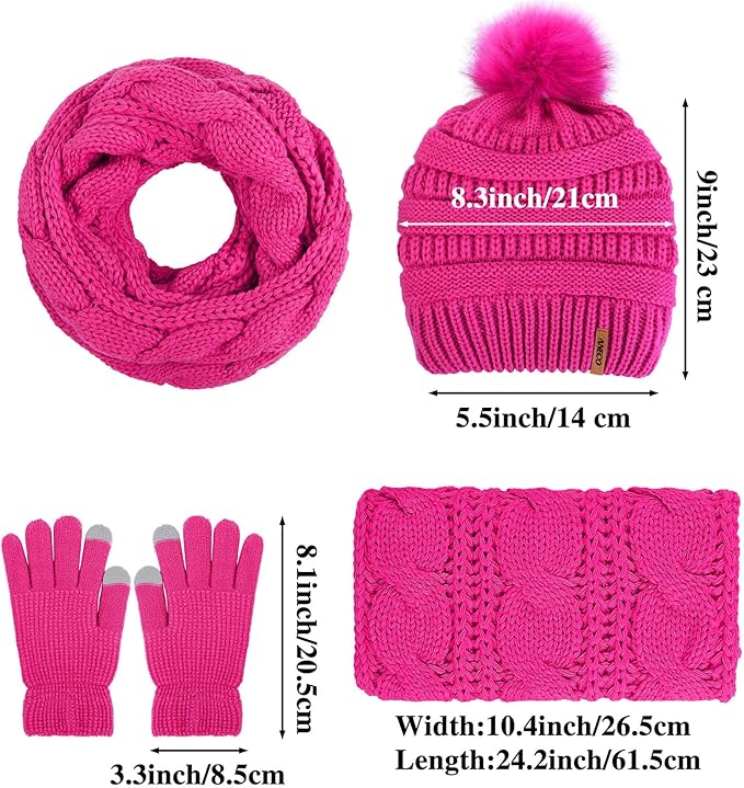 Aneco Womens Winter Warm Sets Knitted Fur Pompoms Beanie Hat Circle Loop Scarf Touch Screen Gloves Winter Favor Accessories