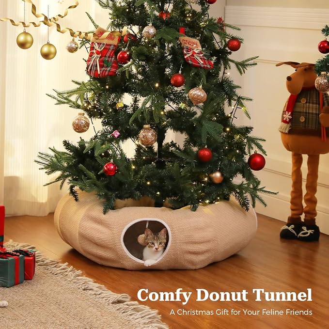 PEQULTI Beige Donut Cat Tunnel Bed Washable Plush Mat Multi for Small Pets | Round play tube with soft detachable plush mat, multi-pet toy fit indoor cats, kittens, puppies, rabbits and ferrets