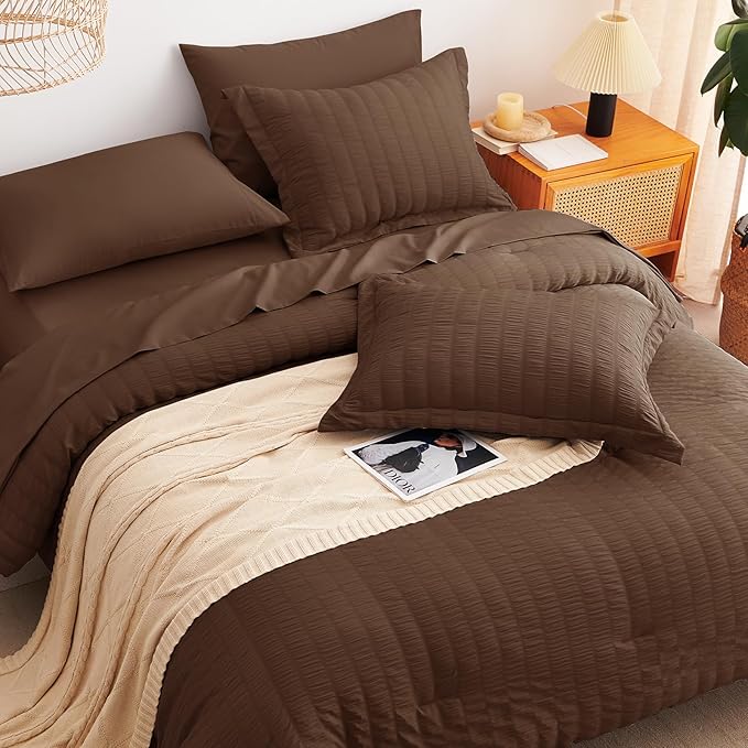 CozyLux King Size Comforter Set Brown Seersucker 7 Pieces Bed in a Bag King Comforter Set with Sheets, Luxury Soft Bedding Set with Down Alternative Comforter, Sheets, Pillowcases & Shams All Seasons
