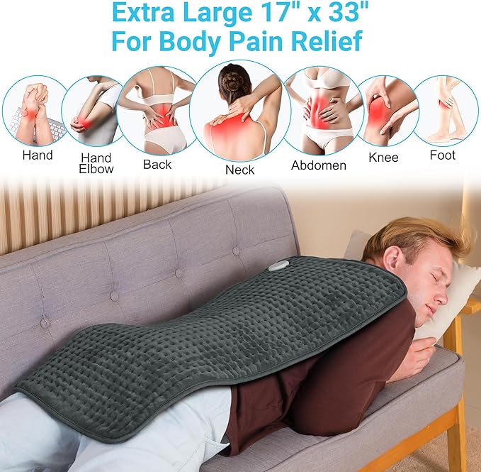 Boileau Electric Heating Pad for Back Pain and Period Cramps Relief, 17"x33" Extra Large XXXL, 3 Heating Levels Heat Pad with 2-Hour Auto Shut Off, Gifts for Women and Mom, Grey