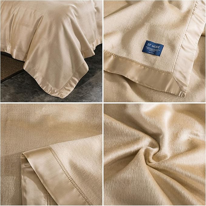 EP Mode Luxury Mulberry Silk Blanket with Silk Charmeuse Border (Rugby Tan, Queen 88" x 88")