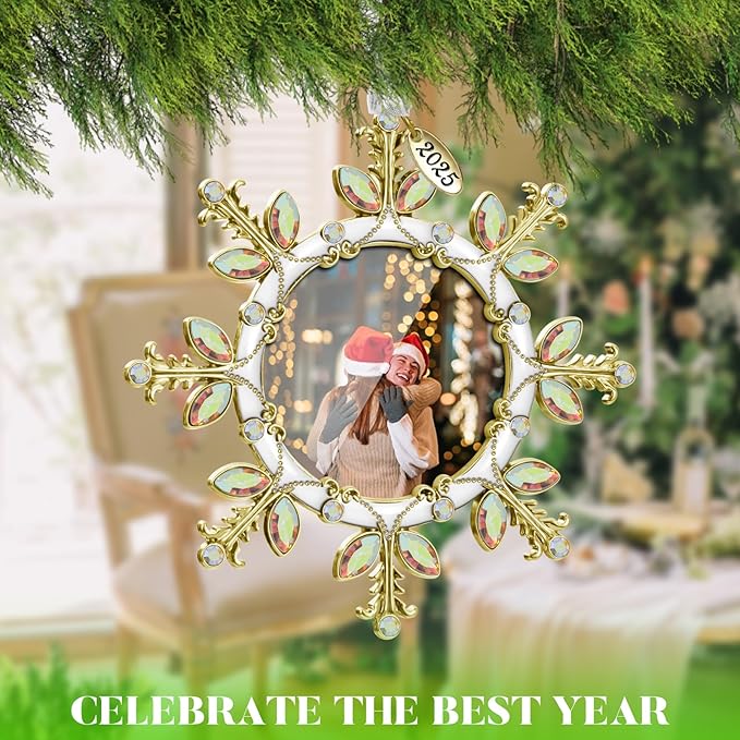 2025 Christmas Tree Ornament Snowflake Picture Frame Metal Hanging Pendant Holiday 2" Photo Frame Charm Decorative of Pets, Baby First Christmas, Family (Golden)