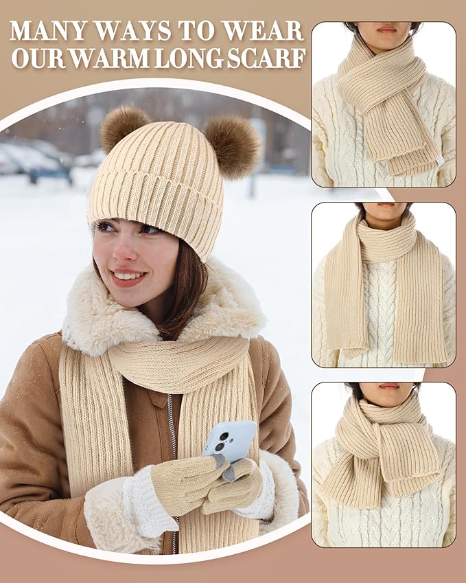 Geyoga 6 Pcs Winter Warm Fleece Knit Hat Long Scarf Touchscreen Gloves Ear Muffs Socks Sets, Winter Warm Gifts for Women