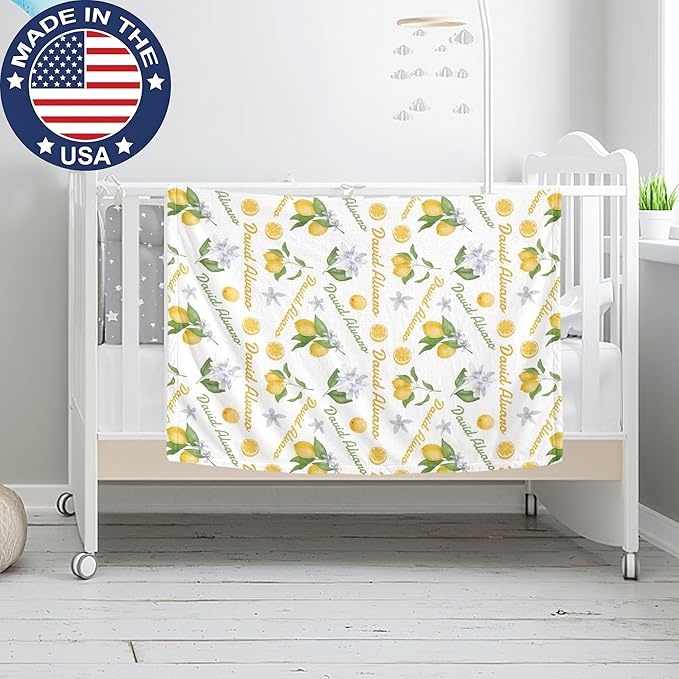 Ship Next Day Personalized Baby Blanket, Printed in USA - Custom Name Toddler Blanket with Lemon Pattern, Personalized