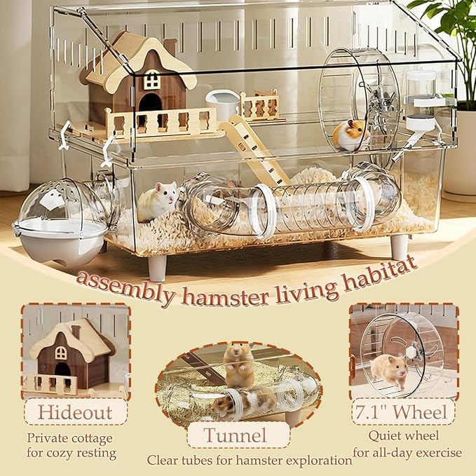 All in 1 Hamster Cage with Tunnel and 7 Accessories,Clear Acrylic Small Animal Habitat for Dwarf Hamster,Gerbil,Hedgehog(17.7"*11.8"*13.4")