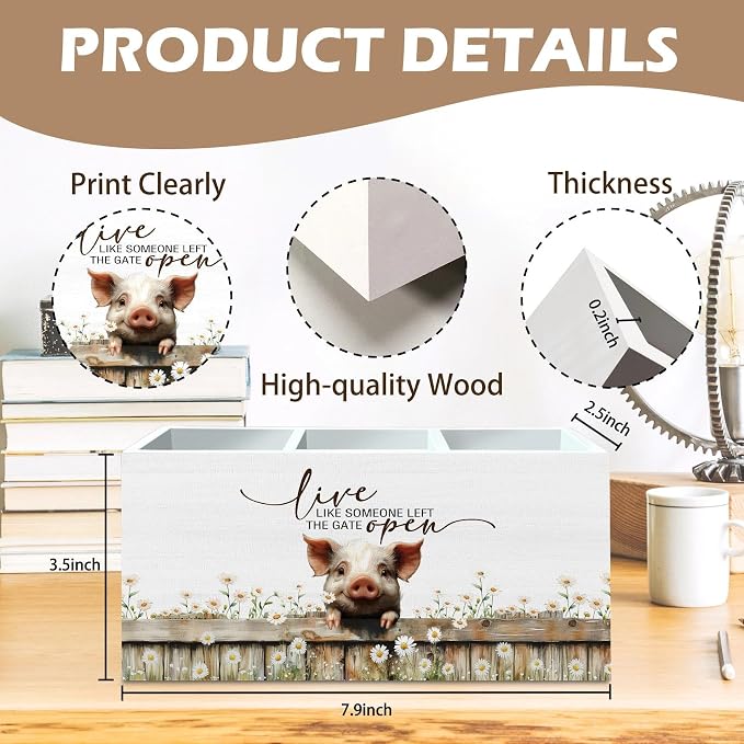DILSJ Pig Inspirational Pen Pencil Holder Organizer for Desk, Pig Lovers Gifts, Live Like Someone Left the Gate Open Wooden Box Signs for Home Office Desk Tabletop Decoration