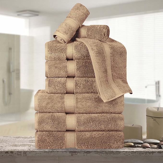 BNM Egyptian Cotton Heavyweight Towels, Ideal For Bathroom, Shower, Spa, Hotel, 800 GSM, Face/ Washcloths, Hand Towels, Bath Towels, Highly-Absorbent, Luxury Basics, 9 Piece Towel Set, Latte Brown