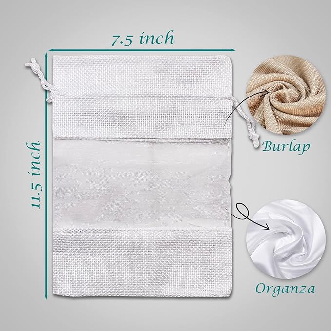 12-Pack X-Large Linen Burlap & Organza Gift Bags w. Drawstrings (7.5x11.5 in, White) - Party Favors, Presents, Samples & Treats Mesh Pouch by The Display Guys