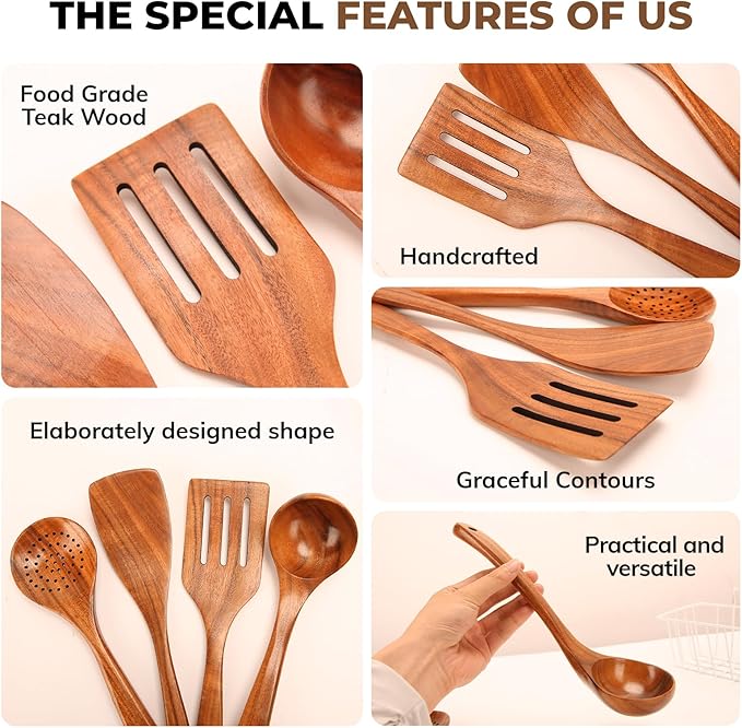 Natural Teak Wood Cooking Utensils Set - 4pcs Wooden Spoons for Cooking with Ladle, Spatula, and Slotted Spoon, Premium Kitchen Tools for Chefs