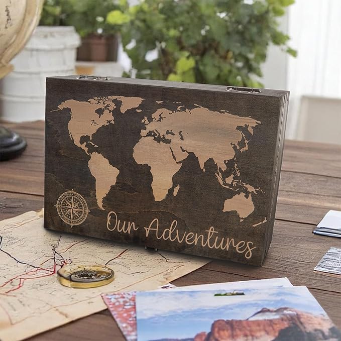 Engraved Adventure Memory Box – Wooden Keepsake Box for Travel, Camping, and Life Milestones – Medium Size – Dark Walnut Finish – 8.5 x 6 x 3 in