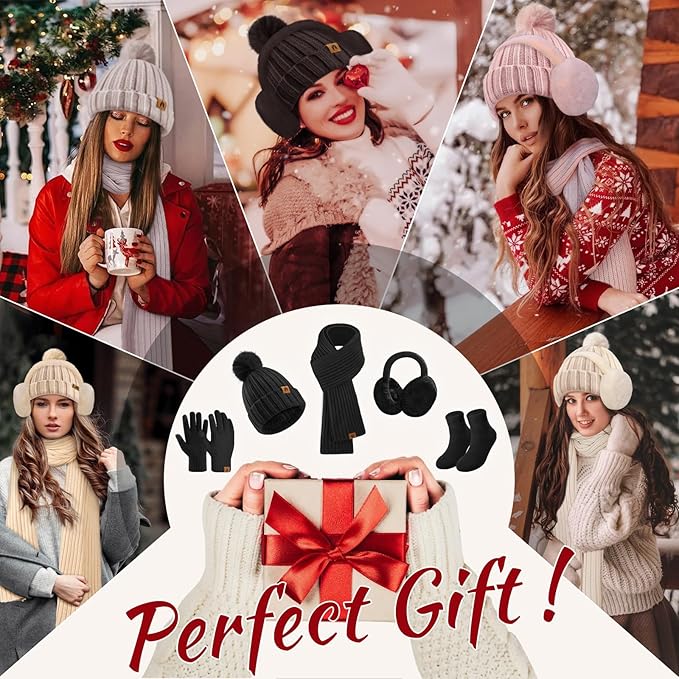 UMIPUBO Winter Beanie Hats Scarf Touch Screen Gloves Fuzzy Socks Ear Muffs 5pcs Set for Women Winter Ski Outing Set