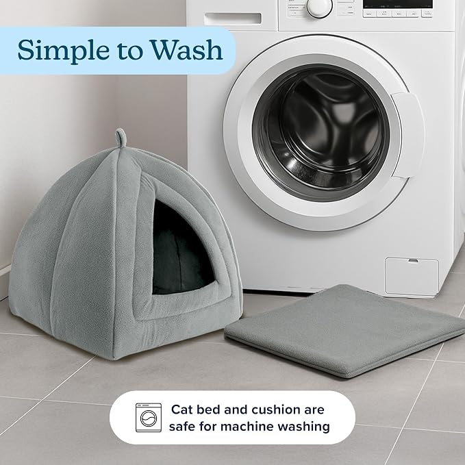 PETMAKER Indoor Cat House with Removable Foam Cushion, Gray, 13.5” x 15.75” | Plush Pet Bed Tent Hideaway with Cozy Soft Interior for Cats, Kittens, and Small Pets, Small Animal Sleep & Rest Space