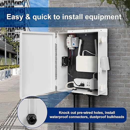 Outdoor Electrical Box with Thermostat and Fan, ABS Water Resistant Enclosure with Internal Mounting Panel & Hinged Cover,16" H* 12" L* 5.9" W Plug & Play.