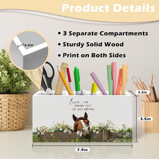 Farmhouse Horse Pen Holder Organizer Desk Decor, Gifts for Horse Lovers, Live Like Someone Left the Gate Open Wooden Pen Pencil Holders for Home Office Desk Accessories