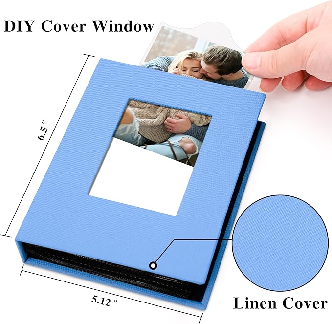 2 Pack Photo Album Holds 48 Pockets with Linen Cover and Customizable Window, Fits 4x6 Photos, Archival Black Pages, Blue