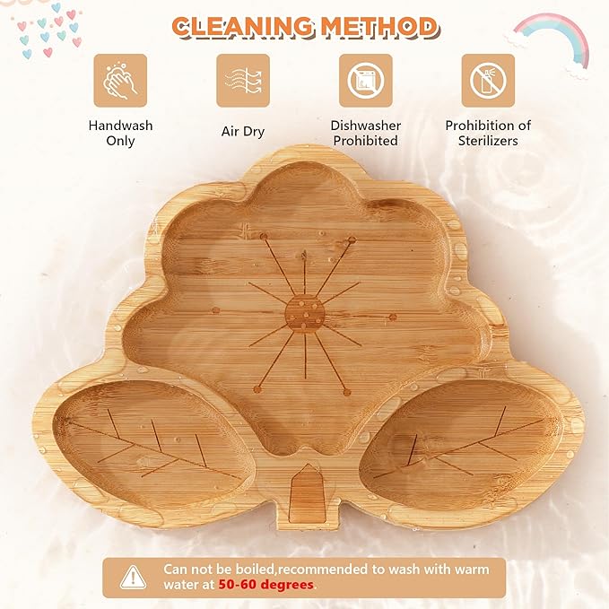 Bamboo Suction Plates Bowls Set for Baby Toddler - Includes Bamboo Bowl, Divided Plate, Silicone Fork & Spoon, All-Natural Baby Feeding Set for Baby-Led Weaning
