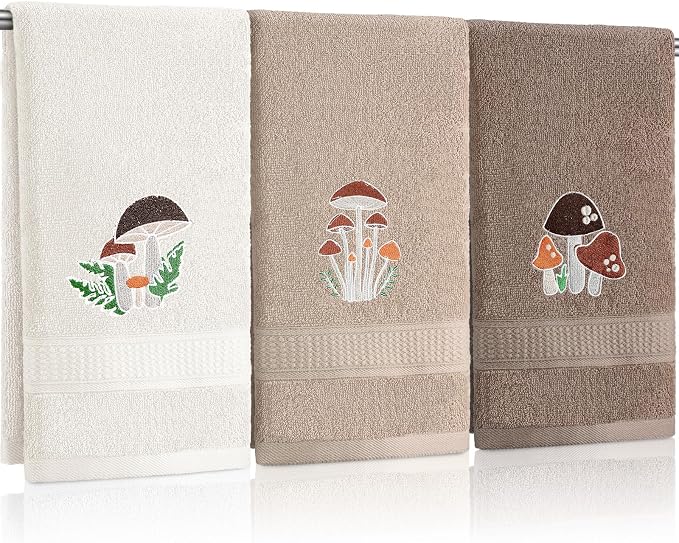 3 Pcs Mushroom Decorative Hand Towels for Bathroom Decor | Mushroom Kitchen Towels Set, Farmhouse 100% Cotton, Embroidered Towel for Bathroom Kitchen 13.3 x 29.5''