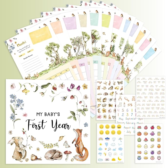 WOODAMORE Baby Calendar First Year with Stickers - Wildflower Baby First Year Memory Book, Babies Milestone Calendar Tracker, Babies 1st Book Keepsake for Newborn Girl