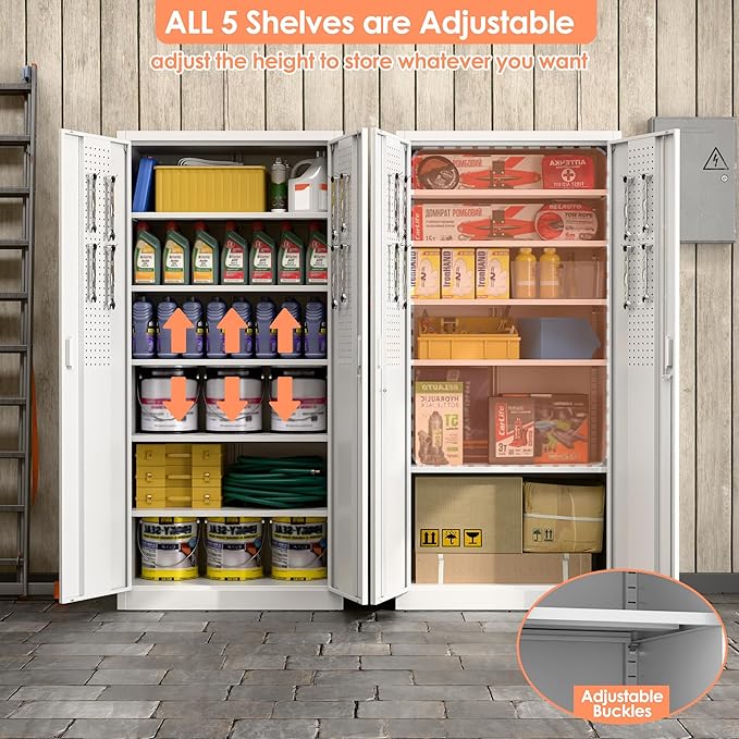 Metal Storage Cabinet with 5 Adjustable Shelves and Pegboard, 71" H White Garage Storage Cabinet with Doors, Metal File Cabinet for Garage,Home, Office, White, Assembly Required