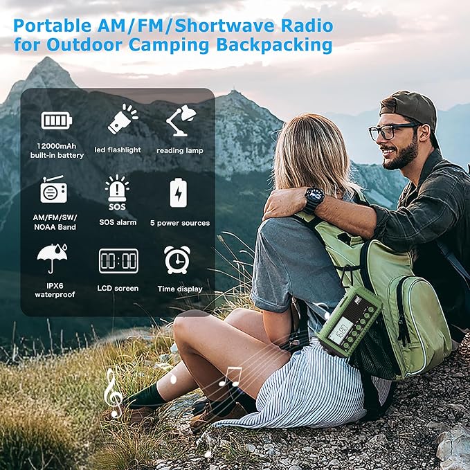 NOAA Weather Radio 12000mAh - Emergency Radio Hand Crank Solar Battery Operated Portable AM/FM Shortwave Radio with USB-C Charger, Flashlight, SOS Alert for Home Outdoor Hurricane Survival