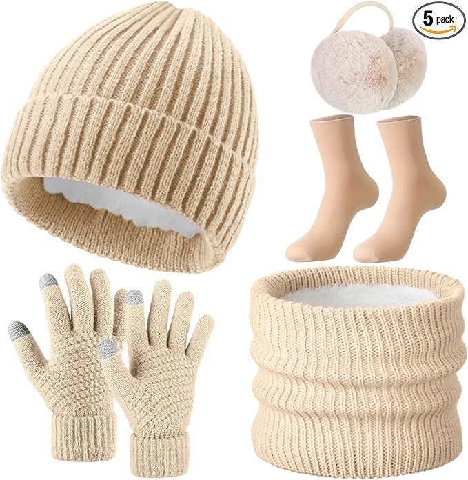 SATINIOR 5 Pcs Winter Beanie Hat Scarf Gloves Set Fleece Lined Knit Hat Warm Touch Screen Gloves Earmuff Warmer for Women(Beige,Fashion Style)
