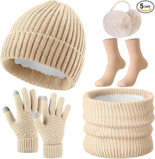 SATINIOR 5 Pcs Winter Beanie Hat Scarf Gloves Set Fleece Lined Knit Hat Warm Touch Screen Gloves Earmuff Warmer for Women(Beige,Fashion Style)