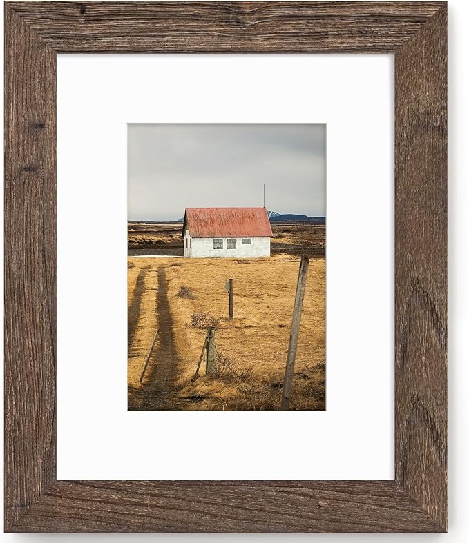 Fun Memories 8x10 Picture Frame with Mat for 5x7 Photo, Solid Elm Wood & Tempered Glass, Rustic Wall & Tabletop Display Frame, Walnut, 1 Pack