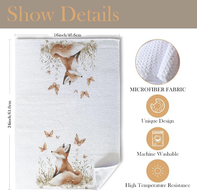 Fox Gifts Kitchen Towels, Fox Gifts for Women Girls Dish Tea Towels for Kitchen, Forest Animal Butterfly Botanical Decorative Hand Towel for Kids Bathroom Decor, 16x24 Inch