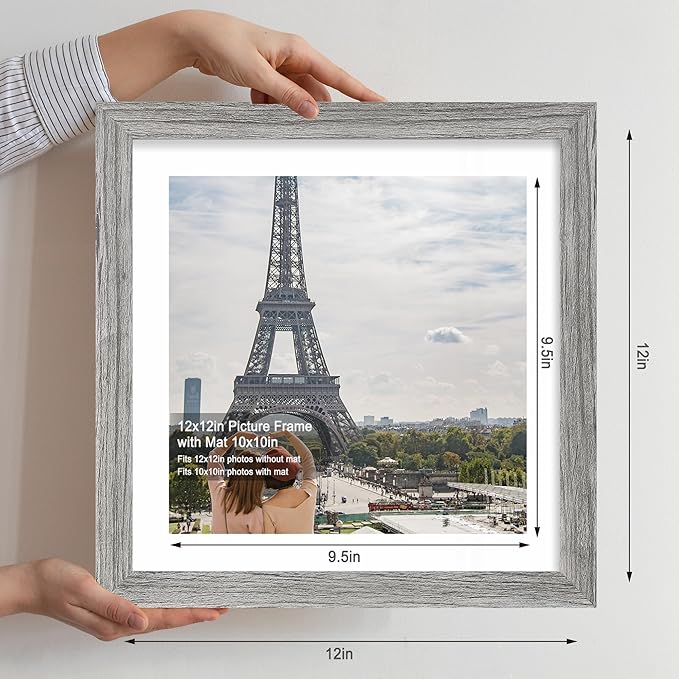 12x12 Picture Frame Set of 4 - Made of Glass and Grey Wooden Frame, Display Square Pictures 10x10 with Mat or 12 x 12 without Mat, Desktop & Wall Collage Photo Frame
