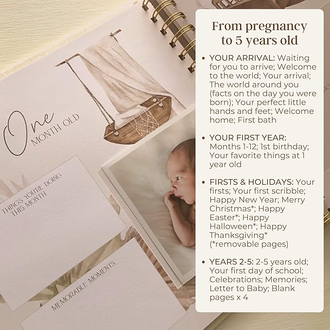 Peachly Unisex Baby Memory Book, Minimalist Baby First Year Keepsake for Milestones, Simple Baby Scrapbook for Boy Girl Milestones, Natural Linen (Haven)
