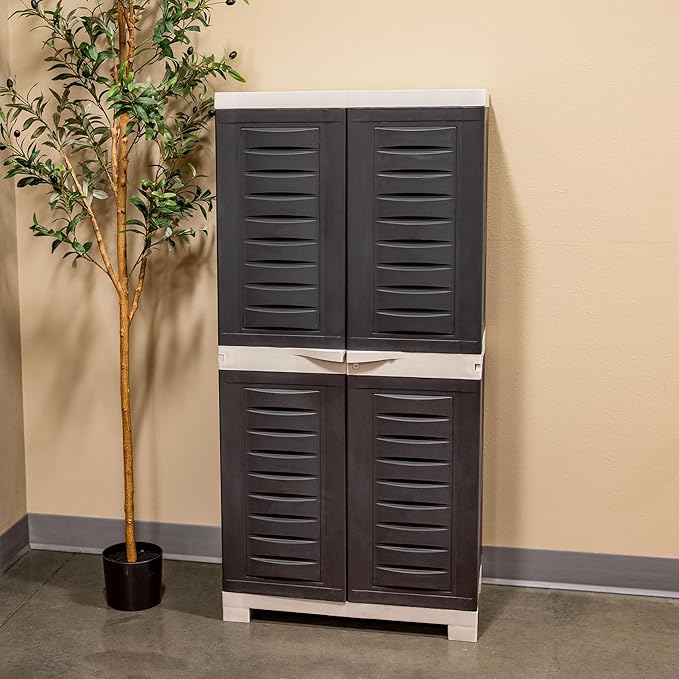 Sunnydaze 48" H Resin Garage Storage Cabinet - Garage Cabinet with Lockable Doors and 3 Adjustable Shelves - Freestanding Utility Storage for Laundry Room, Office, Basement - Charcoal