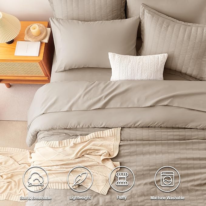 CozyLux Full Size Comforter Sets with Sheets Seersucker 7 Pieces Khaki Bed in a Bag Textured Luxury Soft Bedding Set with Down Alternative Comforter, Sheets, Pillowcases & Shams for All Seasons