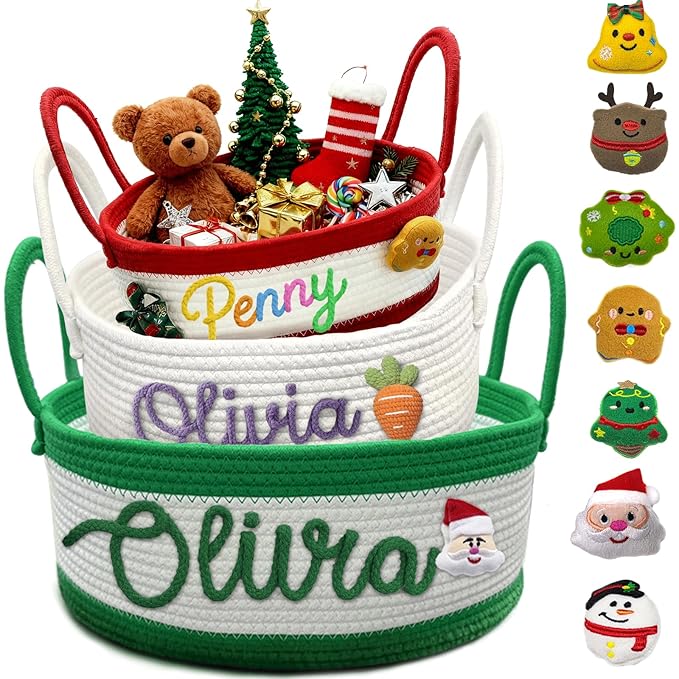 Custom Christmas Gift Basket with Name Personalized Woven Baby Shower Basket for Newborn Holiday Cotton Rope Storage Basket for Toy Diaper Caddy