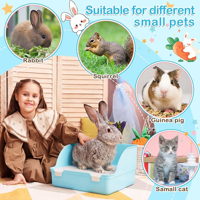Reallnaive 15 Pcs Rabbit Starter Kit Small Rabbit Litter Box Girls Gift Animal Grooming Kit Bunny Toys Bowl Blankets with Cleaning Set for Guinea Pig Accessories(Sky Blue)