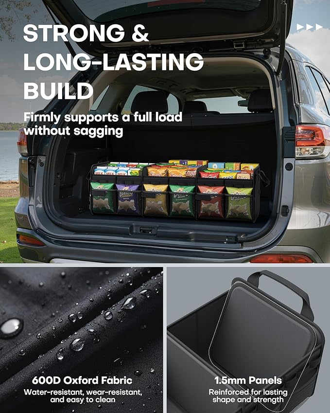 HOTOR Tactical Car Trunk Organizer - Foldable Trunk Organizer for SUV with Front MOLLE Pocket & Reflective Strips, Essential Car Accessories for Tools & Outdoor Storage, 12.8" x 32.3" x 11.0", Black