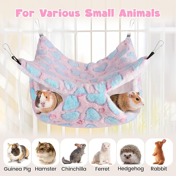 MCEAST 4 Pieces Small Pets Cage Accessories Hanging Hammock Sleeping Bag Tunnel and Bed Hideout Set Warm Sleep Nap Sack Bed for Hamster Ferret Squirrel Rabbit, Pink Hearts