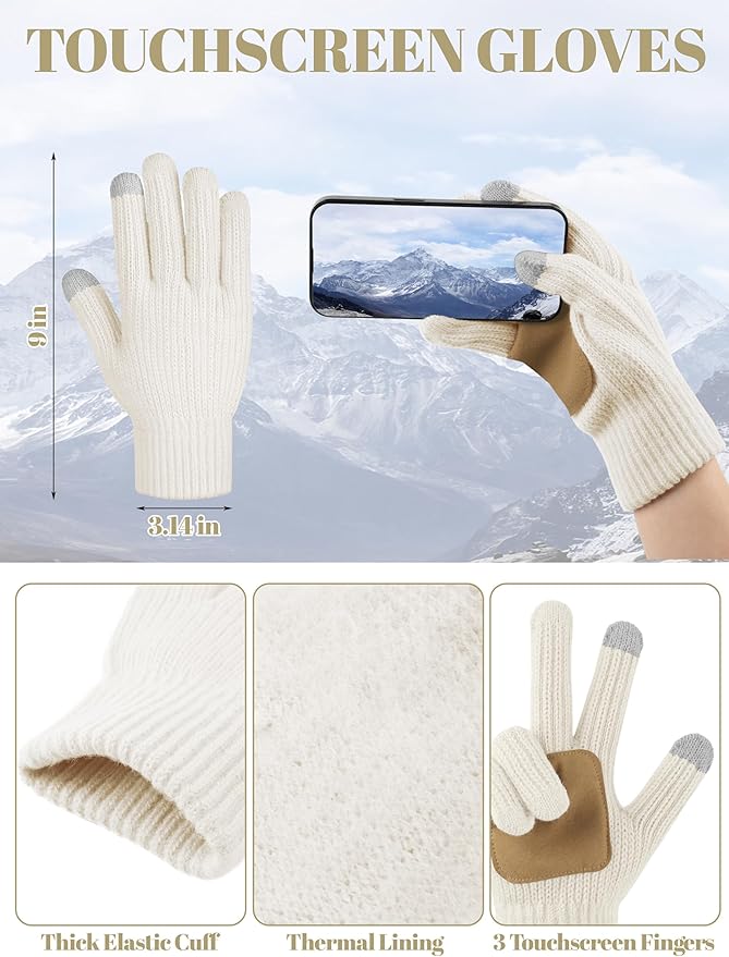LOROME Women Winter Beanie Hat Scarf Gloves Set, Fleece Knitted Pompom Hat Warm Neck Scarf Touchscreen Gloves Winter Gift