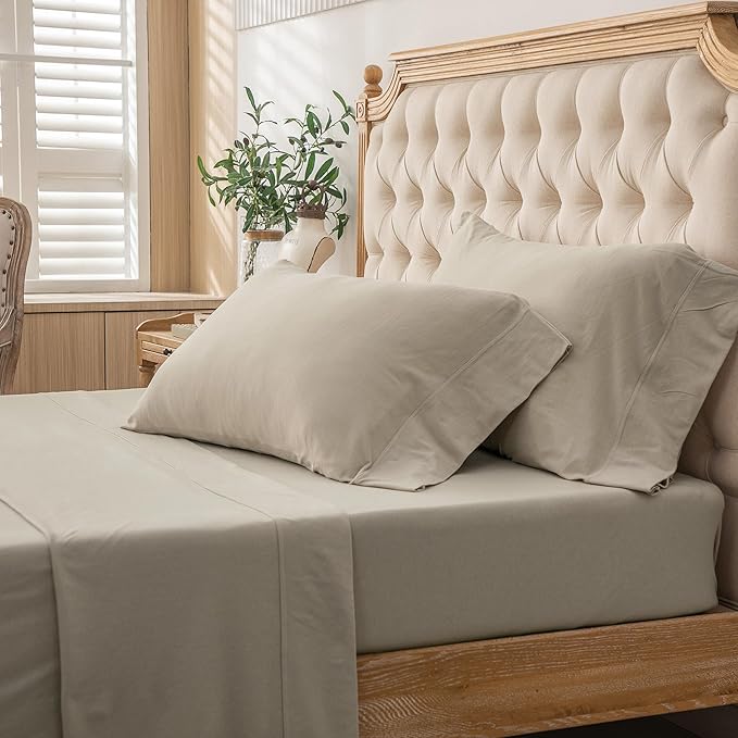 PURE ERA Jersey Knit 4pc Bed Sheet Set 100% T-Shirt Heather Cotton Super Soft Comfy Breathable Fits Mattress Up to 20" Extra Deep Pocket (Dark Beige, Full)