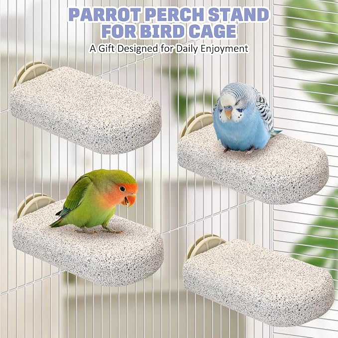 BNOSDM 4 Pcs Bird Beak Grinding Stone Calcium Parrot Perch Stand 4.7*2.6in | Natural Volcanic Lava Stone,Mineral Block for Birds,White Cuddle Bone Perch,Bird Toys for Parakeets Cockatiels Conures
