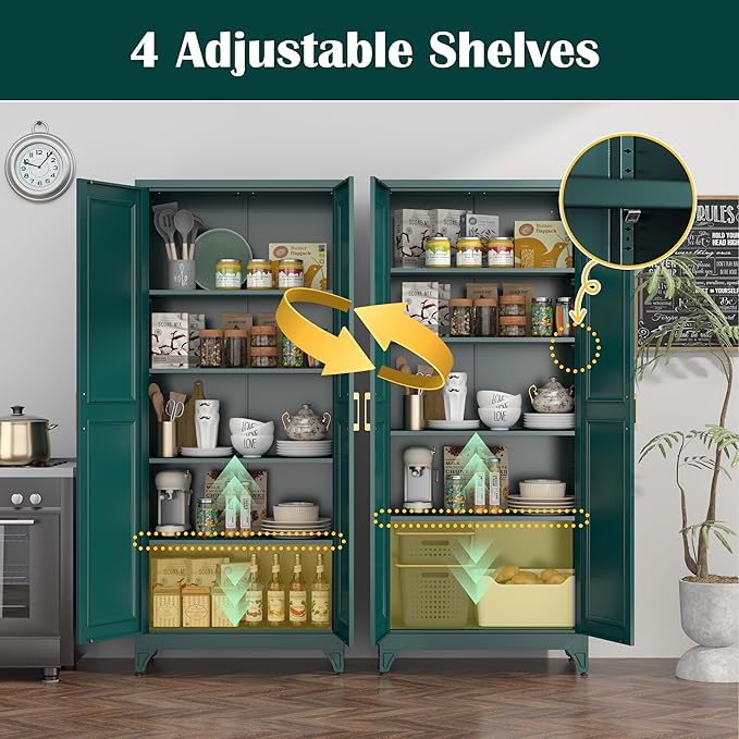 Kitchen Pantry Cabinet,75" Green Metal Storage Cabinets with Doors and 4 Adjustable Shelves,Kitchen Cabinet with 2 Gold Handles,Tall Cabinet for Livingroom,Pantry, Bathroom