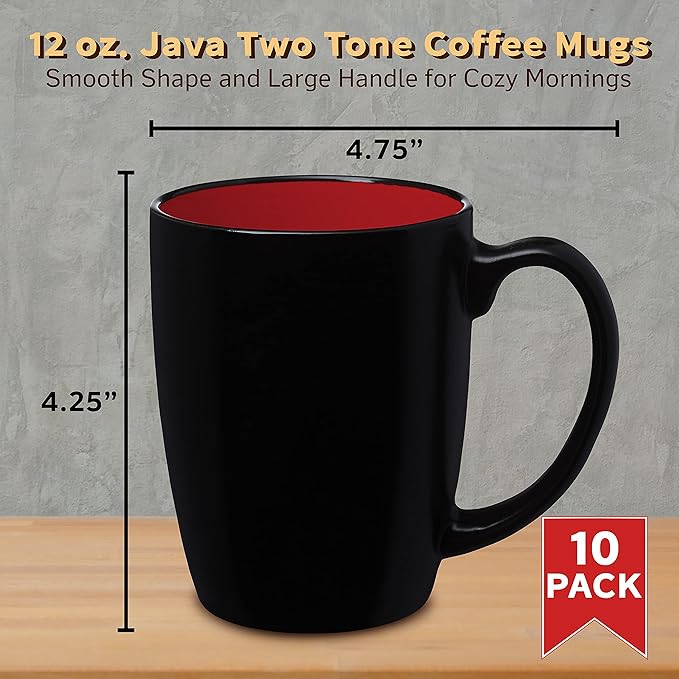 DISCOUNT PROMOS 10 Java Two Tone Coffee Mugs Set, 12 oz. - Stoneware, Durable, Easy Grip - BLACKRED