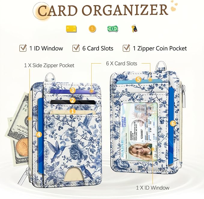 Kelvoris Credit Card Holder Small Wallet Women, Slim RFID, HummingBird | Keychain, Zipper Coin Pocket, Front Pocket Thin Travel Card Case, Minimalist, 6 Card Slots, 1 ID Window, Ladies Gifts Woman