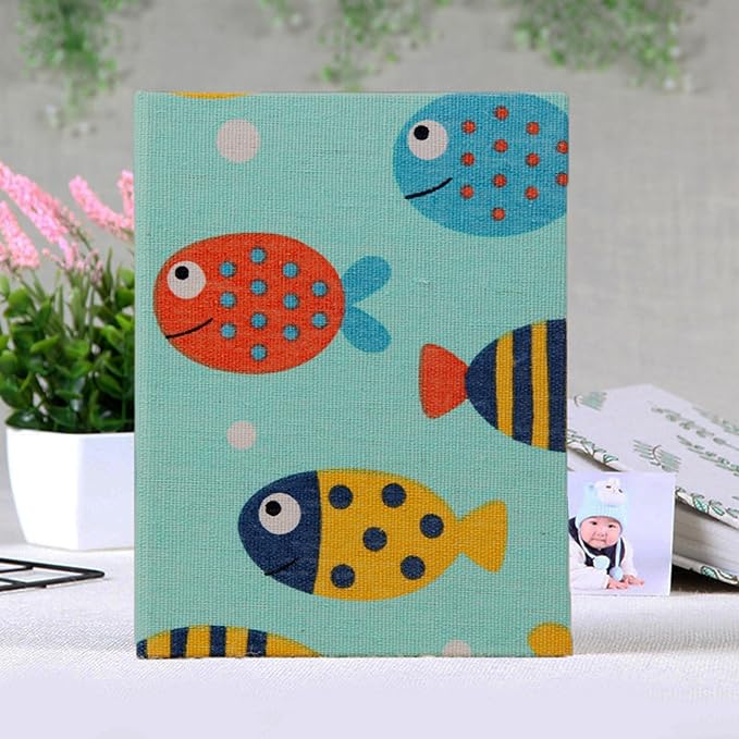 Kids Photo Album, 100 Pockets 5x7 Picture Album, Slip-in Linen Cover Photo Album Book for Boys, Girls, Family(Fish)